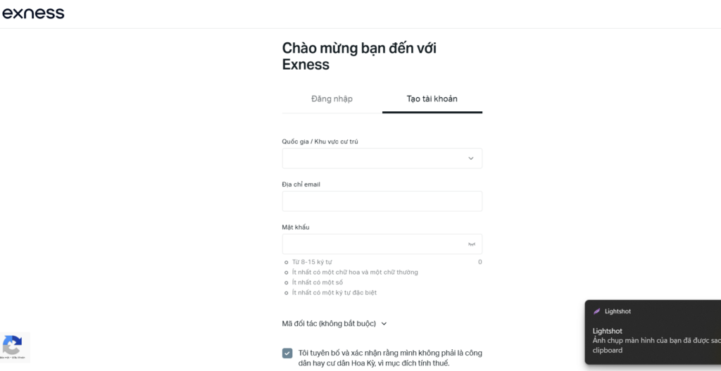 Màn hình chính của đăng ký Exness