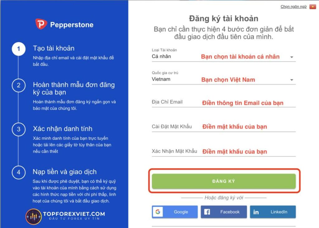 Khai báo thông tin đăng ký tài khoản Pepperstone