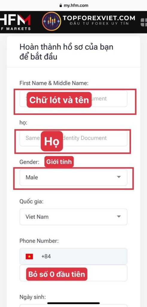 điền thông tin mở tài khoản Hotforex